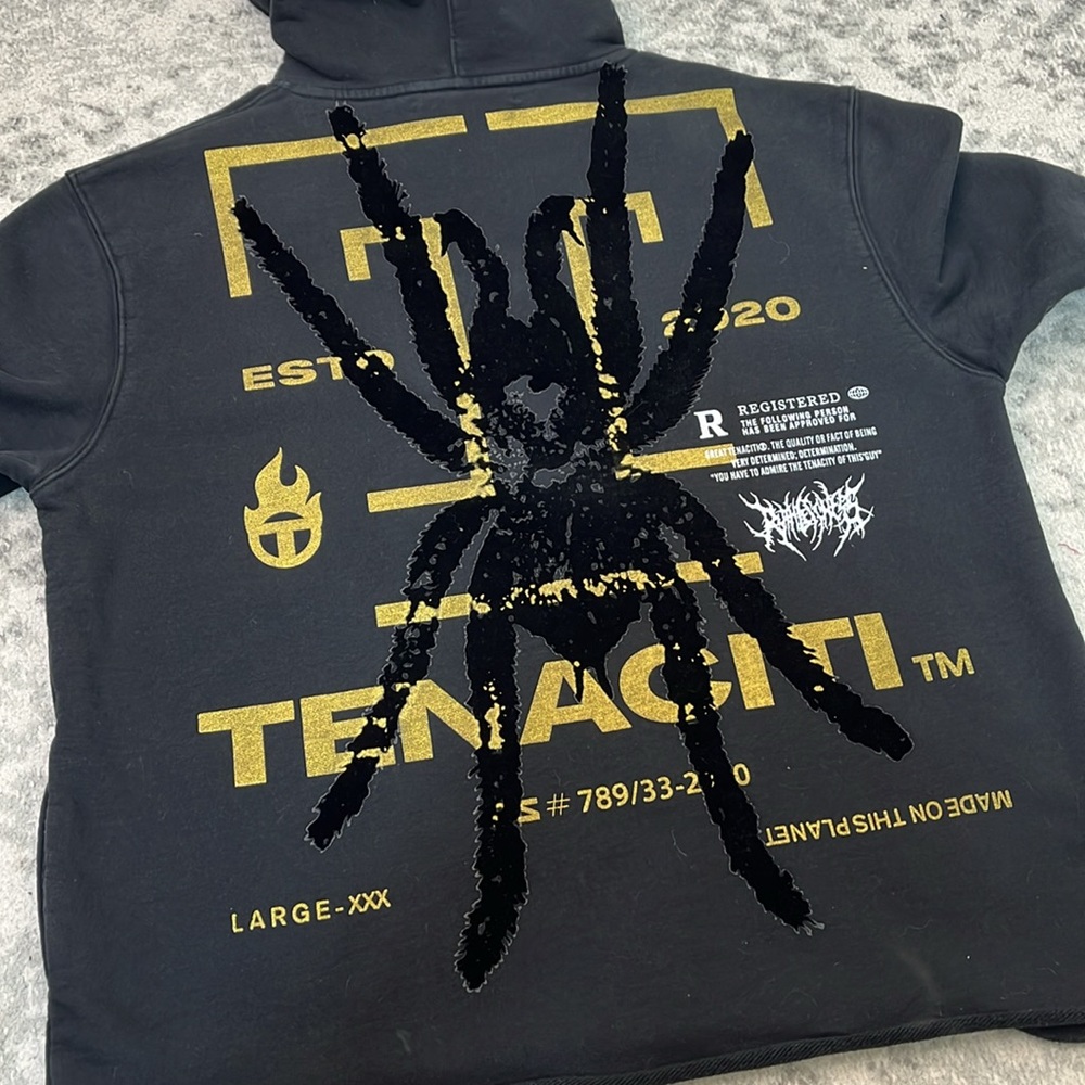 TENACITI Spider Black Hoodie 100% COTTON METALLIC GOLD VELVET SPIDER MENS SZ LG - Picture 16 of 16